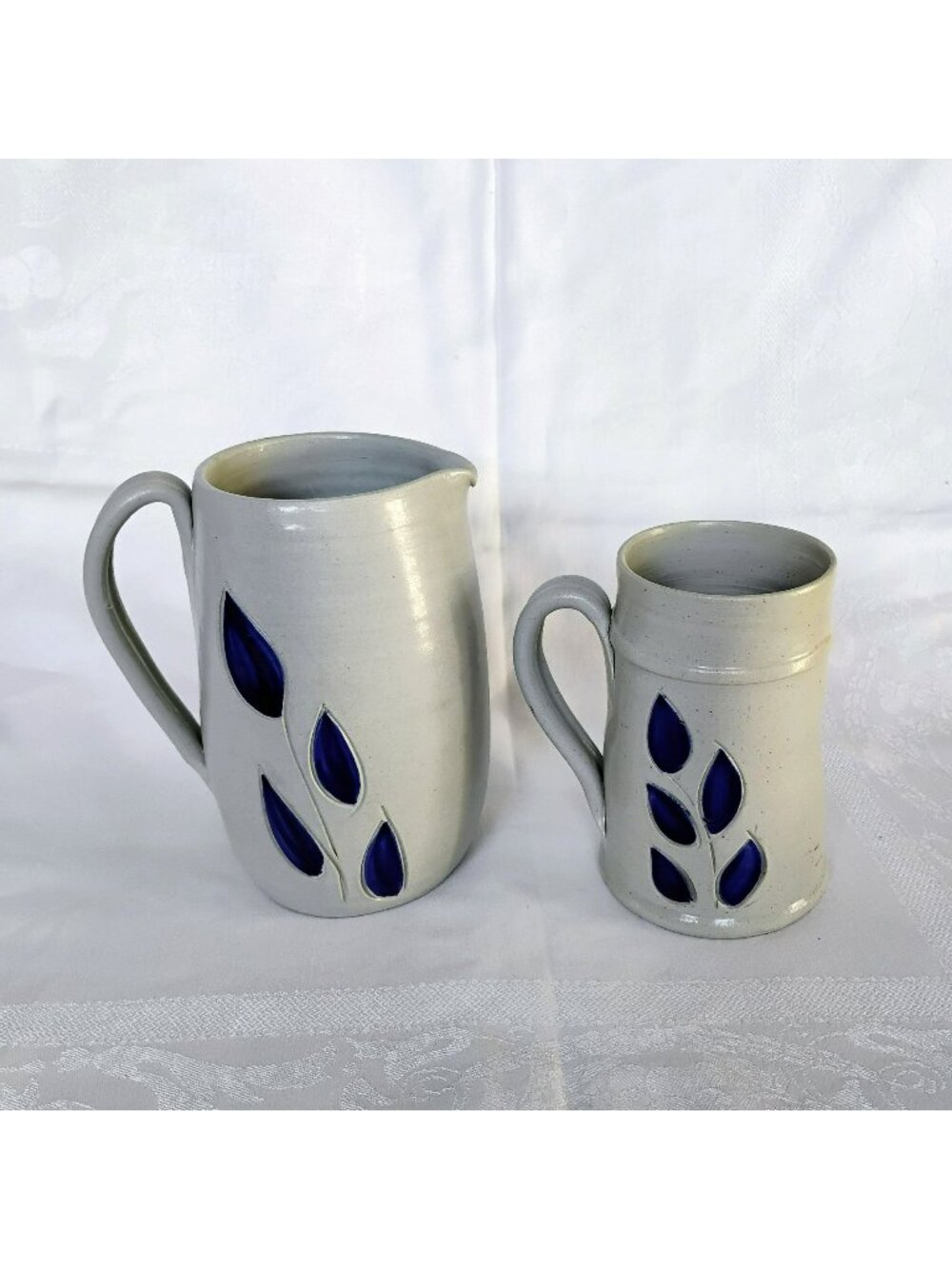 Vintage Williamsburg Pottery Set, Salt Glaze Pitcher Mug, Blue Leaf Stoneware